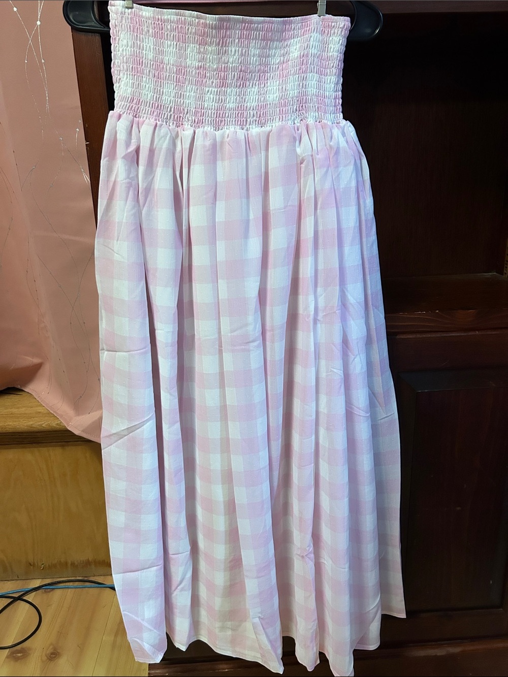 Peach Love California Pink Gingham Smocked Maxi Skirt
